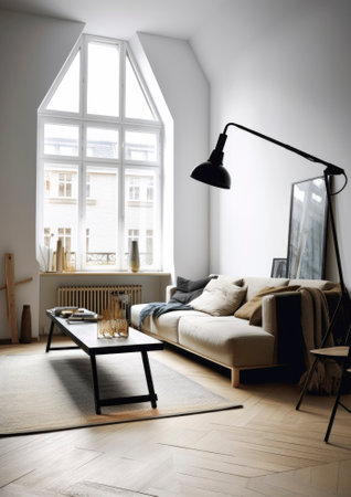 Interior design, Inviting interior of a beautiful and stylish apartment, featuring soft furnishings, warm lighting, and tasteful decor. The space exudes comfort and coziness, inviting inhabitants to relax and unwind in its inviting atmosphere.. AI generative illustrationの素材