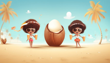 Perfect summer holiday on a tropical island, with bright blue skies, lush green palm trees, and white sandy beaches. The vibrant colors and warm sunshine evoke a sense of relaxation and adventure, making it an ideal destination for anyone seeking an escape from the daily grind. Generative AI illustration.の素材