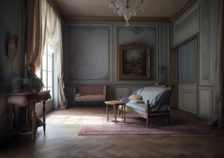 Inviting interior of a beautiful and stylish apartment, featuring soft furnishings, warm lighting, and tasteful decor. The space exudes comfort and coziness, inviting inhabitants to relax and unwind in its inviting atmosphere.. AI generative illustrationの素材