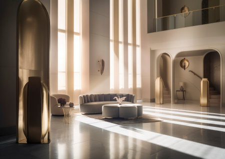 Inviting interior of a beautiful and stylish apartment, featuring soft furnishings, warm lighting, and tasteful decor. The space exudes comfort and coziness, inviting inhabitants to relax and unwind in its inviting atmosphere.. AI generative illustrationの素材