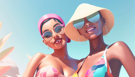 Perfect summer holiday on a tropical island, with bright blue skies, lush green palm trees, and white sandy beaches. The vibrant colors and warm sunshine evoke a sense of relaxation and adventure, making it an ideal destination for anyone seeking an escape from the daily grind. Generative AI illustration.の素材
