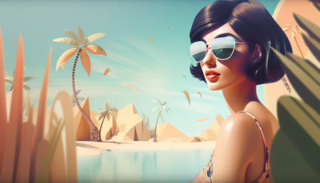 Perfect summer holiday on a tropical island, with bright blue skies, lush green palm trees, and white sandy beaches. The vibrant colors and warm sunshine evoke a sense of relaxation and adventure, making it an ideal destination for anyone seeking an escape from the daily grind. Generative AI illustration.の素材