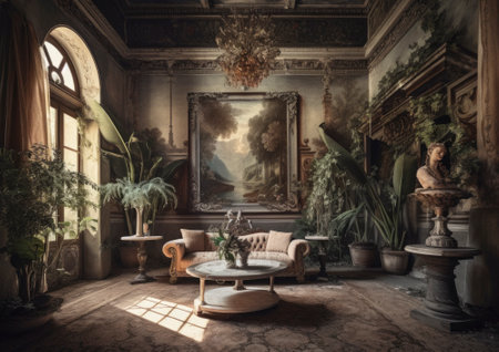 Inviting interior of a beautiful and stylish apartment, featuring soft furnishings, warm lighting, and tasteful decor. The space exudes comfort and coziness, inviting inhabitants to relax and unwind in its inviting atmosphere.. AI generative illustrationの素材