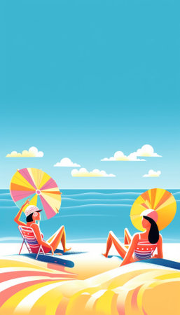 Perfect summer holiday on a tropical island, with bright blue skies, lush green palm trees, and white sandy beaches. The vibrant colors and warm sunshine evoke a sense of relaxation and adventure, making it an ideal destination for anyone seeking an escape from the daily grind. Generative AI illustration.の素材