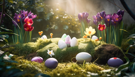 The photo features a vibrant and colorful Easter-themed image, with various symbols of the holiday. The bright and cheerful colors evoke a festive and joyous atmosphere, capturing the spirit of the springtime celebration. Overall, the photo exudes a sense of happiness and excitement that is synonymous with the Easter holiday.. AI generative illustrationの素材