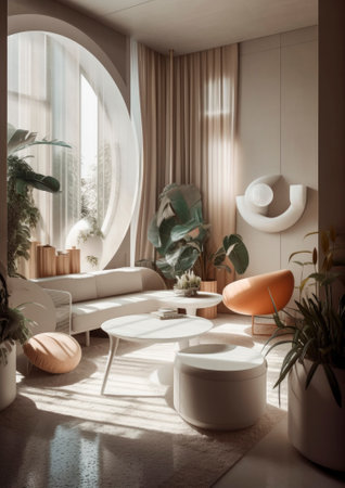Inviting interior of a beautiful and stylish apartment, featuring soft furnishings, warm lighting, and tasteful decor. The space exudes comfort and coziness, inviting inhabitants to relax and unwind in its inviting atmosphere.. AI generative illustrationの素材