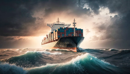Large container ship sailing on the ocean, conveying a sense of transportation and global trade. The ship is heavily loaded with large, rectangular containers stacked high on its deck. The vast expanse of the ocean and the ship's sheer size convey a sense of grandeur and importance, underscoring the critical role that freight and transportation play in today's interconnected world. AI generative illustrationの素材