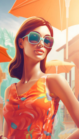 Perfect summer holiday on a tropical island, with bright blue skies, lush green palm trees, and white sandy beaches. The vibrant colors and warm sunshine evoke a sense of relaxation and adventure, making it an ideal destination for anyone seeking an escape from the daily grind. Generative AI illustration.の素材