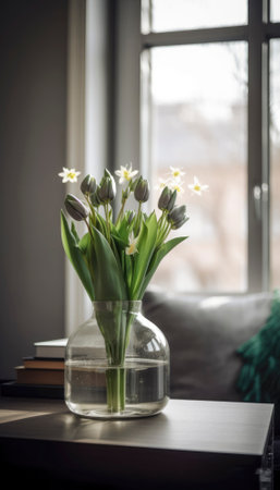 The essence of spring and nature visualized by morning sunshine on a bright day in April with colorful blooming flowers. AI generative illustrationの素材