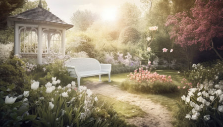 Scene of a sunny morning in springtime is captured with vibrant colors and bright light. The overall ambiance is joyous and happy, evoking a sense of renewal and freshness. AI generative illustrationの素材
