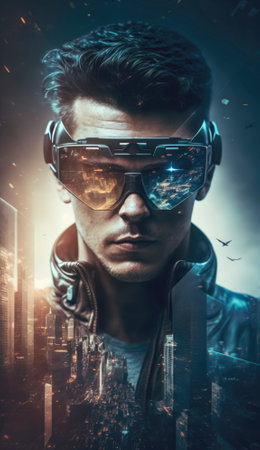 Stock photo, a futuristic gamer is fully immersed in a virtual reality game, wearing a sleek VR headset and gripping a high-tech game controller in their hands. The gamer's body language suggests intense focus and concentration as they navigate through in their sc-fi world. The image captures the excitement and potential of virtual reality gaming, offering a glimpse into a future where players can fully escape reality and become fully engrossed in a digital world of their own creation. AI generative illustrationの素材