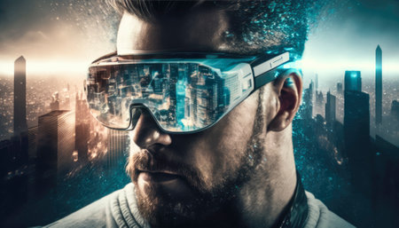 Stock photo, a futuristic gamer is fully immersed in a virtual reality game, wearing a sleek VR headset and gripping a high-tech game controller in their hands. The gamer's body language suggests intense focus and concentration as they navigate through in their sc-fi world. The image captures the excitement and potential of virtual reality gaming, offering a glimpse into a future where players can fully escape reality and become fully engrossed in a digital world of their own creation. AI generative illustrationの素材