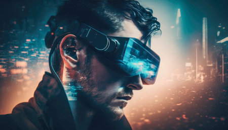 Stock photo, a futuristic gamer is fully immersed in a virtual reality game, wearing a sleek VR headset and gripping a high-tech game controller in their hands. The gamer's body language suggests intense focus and concentration as they navigate through in their sc-fi world. The image captures the excitement and potential of virtual reality gaming, offering a glimpse into a future where players can fully escape reality and become fully engrossed in a digital world of their own creation. AI generative illustrationの素材