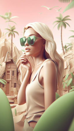 Perfect summer holiday on a tropical island, with bright blue skies, lush green palm trees, and white sandy beaches. The vibrant colors and warm sunshine evoke a sense of relaxation and adventure, making it an ideal destination for anyone seeking an escape from the daily grind. Generative AI illustration.の素材