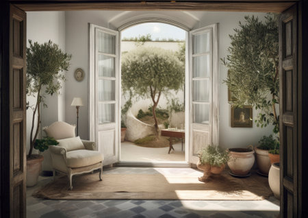 Inviting interior of a beautiful and stylish apartment, featuring soft furnishings, warm lighting, and tasteful decor. The space exudes comfort and coziness, inviting inhabitants to relax and unwind in its inviting atmosphere.. AI generative illustrationの素材