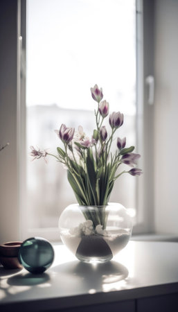 The essence of spring and nature visualized by morning sunshine on a bright day in April with colorful blooming flowers. AI generative illustrationの素材