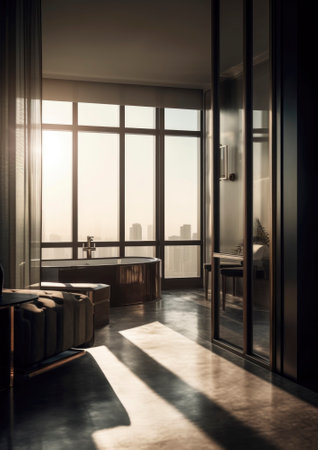 Inviting interior of a beautiful and stylish apartment, featuring soft furnishings, warm lighting, and tasteful decor. The space exudes comfort and coziness, inviting inhabitants to relax and unwind in its inviting atmosphere.. AI generative illustrationの素材