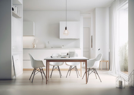 Inviting interior of a beautiful and stylish apartment, featuring soft furnishings, warm lighting, and tasteful decor. The space exudes comfort and coziness, inviting inhabitants to relax and unwind in its inviting atmosphere.. AI generative illustrationの素材
