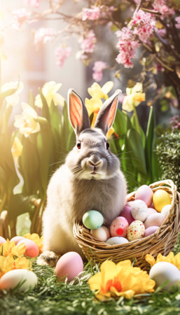 The photo features a vibrant and colorful Easter-themed image, with various symbols of the holiday. The bright and cheerful colors evoke a festive and joyous atmosphere, capturing the spirit of the springtime celebration. Overall, the photo exudes a sense of happiness and excitement that is synonymous with the Easter holiday.. AI generative illustrationの素材