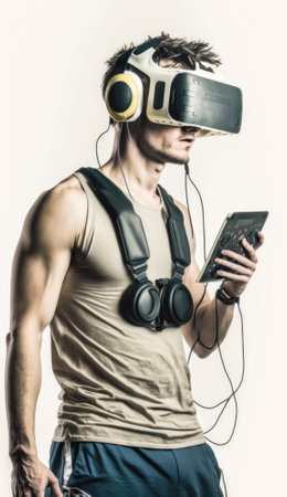Stock photo, a futuristic gamer is fully immersed in a virtual reality game, wearing a sleek VR headset and gripping a high-tech game controller in their hands. The gamer's body language suggests intense focus and concentration as they navigate through in their sc-fi world. The image captures the excitement and potential of virtual reality gaming, offering a glimpse into a future where players can fully escape reality and become fully engrossed in a digital world of their own creation. AI generative illustrationの素材