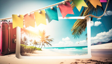 Essence of a perfect summer holiday, with a colorful and vibrant setting. The bright sunshine casts a warm glow over the scene, and the main subject can be seen enjoying themselves, engaging in various activities. The setting is idyllic, with classic summer environment. This picture is the epitome of a relaxing and fun-filled vacation, ideal for anyone looking to unwind and have a good time. AI generative illustrationの素材