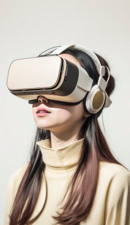 Stock photo, a futuristic gamer is fully immersed in a virtual reality game, wearing a sleek VR headset and gripping a high-tech game controller in their hands. The gamer's body language suggests intense focus and concentration as they navigate through in their sc-fi world. The image captures the excitement and potential of virtual reality gaming, offering a glimpse into a future where players can fully escape reality and become fully engrossed in a digital world of their own creation. AI generative illustrationの素材