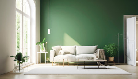 Inviting interior of a beautiful and stylish apartment, featuring soft furnishings, warm lighting, and tasteful decor. The space exudes comfort and coziness, inviting inhabitants to relax and unwind in its inviting atmosphere.. AI generative illustrationの素材