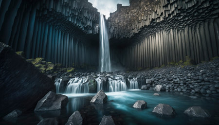 Stunning serene waterfall, set amidst a backdrop of lush greenery. The cascading waters, pristine and clear, create a sense of tranquility and calm. The surrounding trees and foliage add depth and texture to the image, while the soft sunlight filtering through the leaves illuminates the scene. It's a breathtaking showcase of the beauty of nature at its finest, inviting the viewer to immerse themselves in its peacefulness and serenity. AI generative illustrationの素材