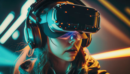 Stock photo, a futuristic gamer is fully immersed in a virtual reality game, wearing a sleek VR headset and gripping a high-tech game controller in their hands. The gamer's body language suggests intense focus and concentration as they navigate through in their sc-fi world. The image captures the excitement and potential of virtual reality gaming, offering a glimpse into a future where players can fully escape reality and become fully engrossed in a digital world of their own creation. AI generative illustrationの素材
