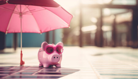 Cute pink piggy bank on summer holiday in a sunny environment, vizualizing the economy savings for a summer vacation. Generative AI illustration.の素材