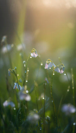 The essence of spring and nature visualized by morning sunshine on a bright day in April with colorful blooming flowers. AI generative illustrationの素材