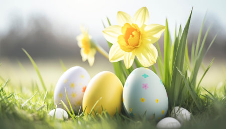 The photo features a vibrant and colorful Easter-themed image, with various symbols of the holiday. The bright and cheerful colors evoke a festive and joyous atmosphere, capturing the spirit of the springtime celebration. Overall, the photo exudes a sense of happiness and excitement that is synonymous with the Easter holiday.. AI generative illustrationの素材