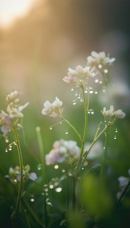 The essence of spring and nature visualized by morning sunshine on a bright day in April with colorful blooming flowers. AI generative illustrationの素材