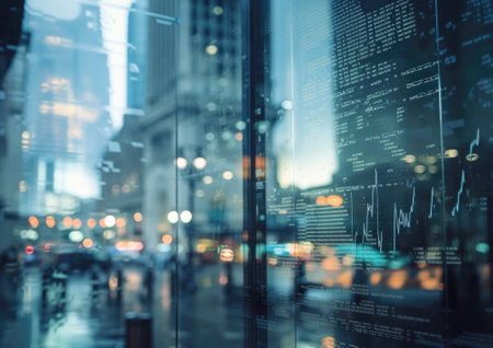 Visual representation of international investing and the stock market, with business charts and graphs overlaid. The image conveys the concept of analyzing and understanding global financial trends and making informed investment decisions based on market data. Generative AI illustration.の素材