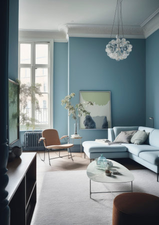 Interior design, Inviting interior of a beautiful and stylish apartment, featuring soft furnishings, warm lighting, and tasteful decor. The space exudes comfort and coziness, inviting inhabitants to relax and unwind in its inviting atmosphere.. AI generative illustrationの素材