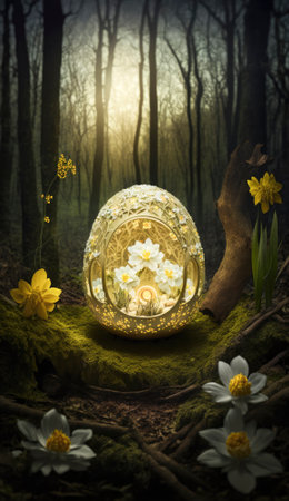 Beautiful Easter decoration, with traditional Easter eggs and spring flowers. Colorful Easter eggs, decorated with intricate patterns and designs. The eggs are surrounded by a variety of spring flowers, such as daffodils, tulips, and hyacinths, creating a bright and cheerful atmosphere. The scene is enhanced by a soft, diffused light, highlighting the intricate details of the eggs and flowers, and creating a sense of warmth and joy. The overall effect is a charming and exclusive Easter display, perfect for any festive occasion. AI generative illustrationの素材