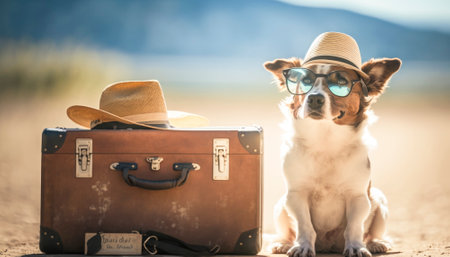 Happy dog sits on a sunny beach, sporting a stylish hat and sunglasses. The sandy shore stretches out behind him, and the crystal blue water glistens in the background. The dog's tongue lolls out happily, as he seems to be thoroughly enjoying his summer vacation. Overall, the image captures the perfect balance of relaxation, fun, and style that a great travel vacation can offer. AI generative illustrationの素材