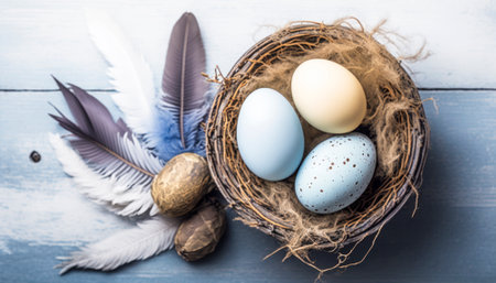 The photo features a vibrant and colorful Easter-themed image, with various symbols of the holiday. The bright and cheerful colors evoke a festive and joyous atmosphere, capturing the spirit of the springtime celebration. Overall, the photo exudes a sense of happiness and excitement that is synonymous with the Easter holiday.. AI generative illustrationの素材