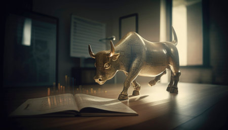 Visual representation of international investing and the stock market, with stock prices are rising and market sentiment is optimistic visualized by bull market. The image conveys the concept of analyzing and understanding global financial trends and making informed investment decisions based on market data. Generative AI illustration.の素材
