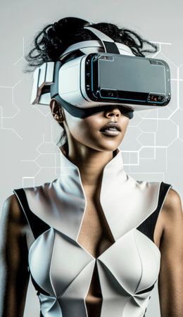 Stock photo, a futuristic gamer is fully immersed in a virtual reality game, wearing a sleek VR headset and gripping a high-tech game controller in their hands. The gamer's body language suggests intense focus and concentration as they navigate through in their sc-fi world. The image captures the excitement and potential of virtual reality gaming, offering a glimpse into a future where players can fully escape reality and become fully engrossed in a digital world of their own creation. AI generative illustrationの素材