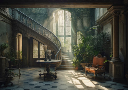 Inviting interior of a beautiful and stylish apartment, featuring soft furnishings, warm lighting, and tasteful decor. The space exudes comfort and coziness, inviting inhabitants to relax and unwind in its inviting atmosphere.. AI generative illustrationの素材