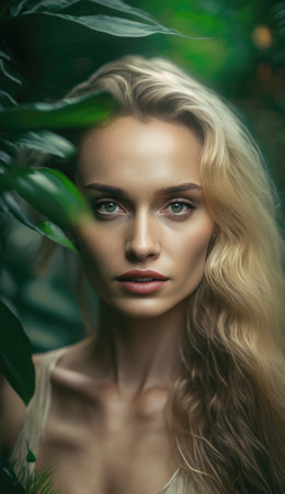 Beautiful woman stands in a forest, surrounded by vibrant green foliage and bathed in soft natural light. Her serene expression and natural beauty are emphasized by the peaceful surroundings, creating a tranquil and captivating image. AI generative illustrationの素材