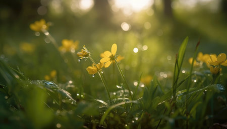 The essence of spring and nature visualized by morning sunshine on a bright day in April with colorful blooming flowers. AI generative illustrationの素材