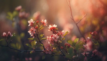 Scene of a sunny morning in springtime is captured with vibrant colors and bright light. The overall ambiance is joyous and happy, evoking a sense of renewal and freshness. AI generative illustrationの素材