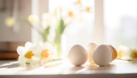 The photo features a vibrant and colorful Easter-themed image, with various symbols of the holiday. The bright and cheerful colors evoke a festive and joyous atmosphere, capturing the spirit of the springtime celebration. Overall, the photo exudes a sense of happiness and excitement that is synonymous with the Easter holiday.. AI generative illustrationの素材