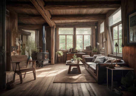 Inviting interior of a beautiful and stylish apartment, featuring soft furnishings, warm lighting, and tasteful decor. The space exudes comfort and coziness, inviting inhabitants to relax and unwind in its inviting atmosphere.. AI generative illustrationの素材