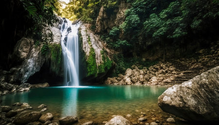 Stunning serene waterfall, set amidst a backdrop of lush greenery. The cascading waters, pristine and clear, create a sense of tranquility and calm. The surrounding trees and foliage add depth and texture to the image, while the soft sunlight filtering through the leaves illuminates the scene. It's a breathtaking showcase of the beauty of nature at its finest, inviting the viewer to immerse themselves in its peacefulness and serenity. AI generative illustrationの素材