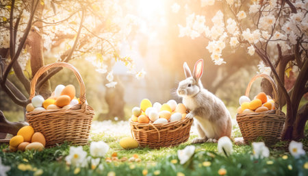The photo features a vibrant and colorful Easter-themed image, with various symbols of the holiday. The bright and cheerful colors evoke a festive and joyous atmosphere, capturing the spirit of the springtime celebration. Overall, the photo exudes a sense of happiness and excitement that is synonymous with the Easter holiday.. AI generative illustrationの素材
