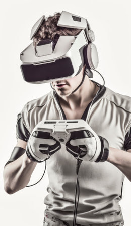 Stock photo, a futuristic gamer is fully immersed in a virtual reality game, wearing a sleek VR headset and gripping a high-tech game controller in their hands. The gamer's body language suggests intense focus and concentration as they navigate through in their sc-fi world. The image captures the excitement and potential of virtual reality gaming, offering a glimpse into a future where players can fully escape reality and become fully engrossed in a digital world of their own creation. AI generative illustrationの素材