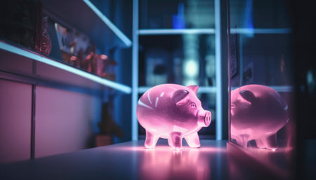 A cute pink piggy bank stands alone in a dimly lit room, symbolizing the concept of economy savings. Its cute appearance contrasts with the moody light, highlighting the importance of financial responsibility in a sometimes gloomy world. AI generative illustrationの素材